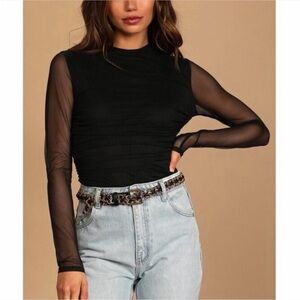 Lulus | We Mesh Well Black Ruched Mesh Long Sleeve Bodysuit Blouse Ruched Small